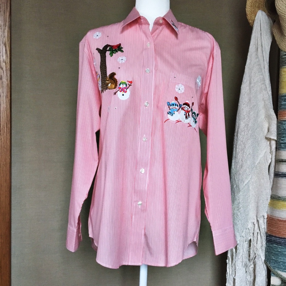 Las Olas Pinstriped Snowman Button-Up Shirt Small